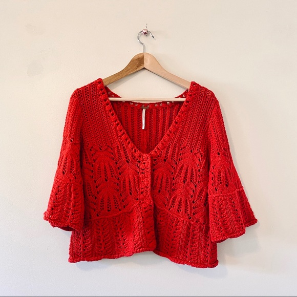 Free People Sweaters - Free People red crochet knit cardigan sweater M